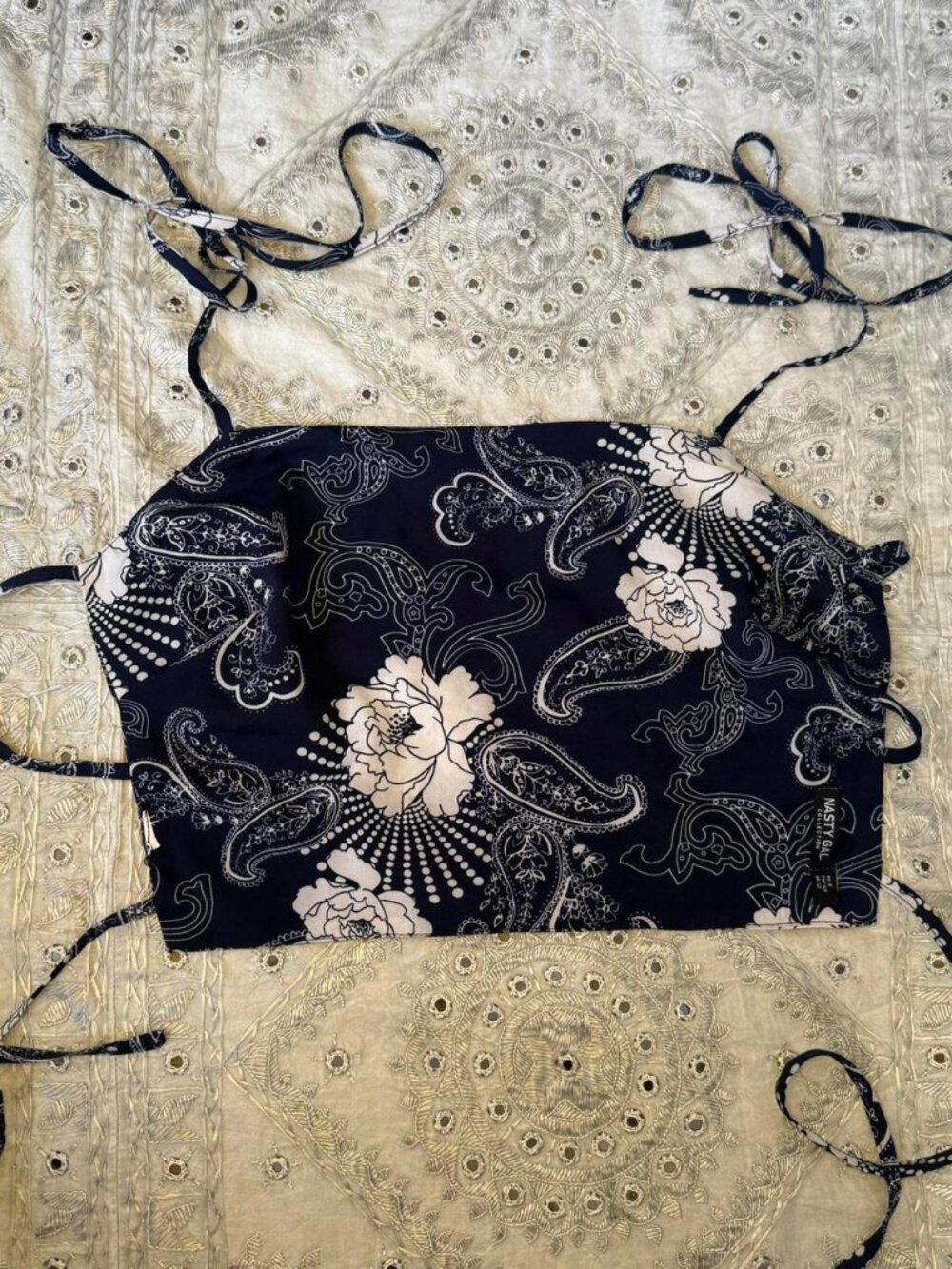 nasty gal navy blue paisley tie backless crop top , last photo is to show how